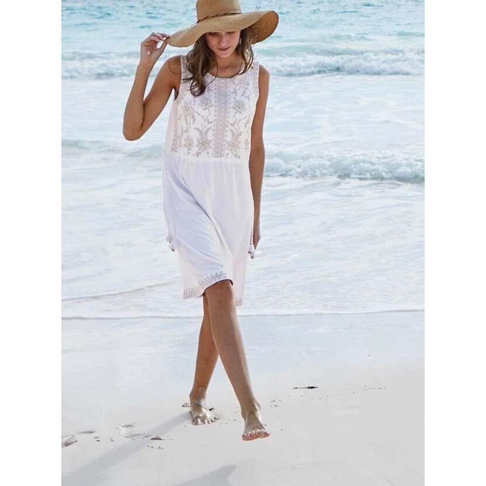 J. Jill White Embroidered Sleeveless Tassel Drawstring Waist Knit Dress Medium